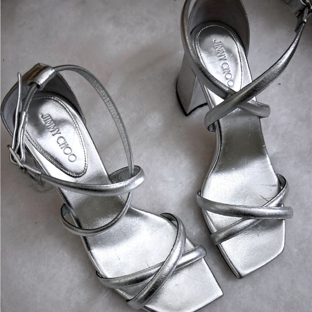 Jimmy Choo Rheea 65 mm Metallic Silver Leather Sandal Block Heel Size EU 37 US 7